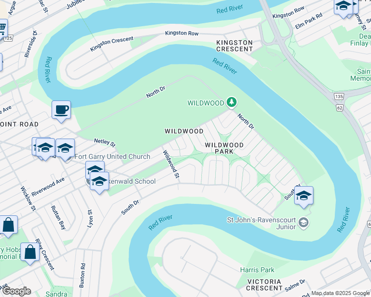 map of restaurants, bars, coffee shops, grocery stores, and more near 46 Wildwood Park in Winnipeg