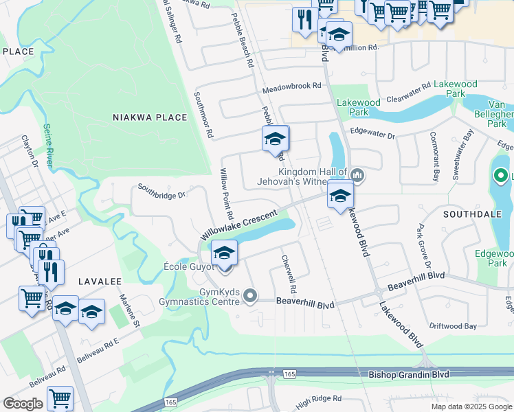 map of restaurants, bars, coffee shops, grocery stores, and more near 50 Gleneagles Road in Winnipeg