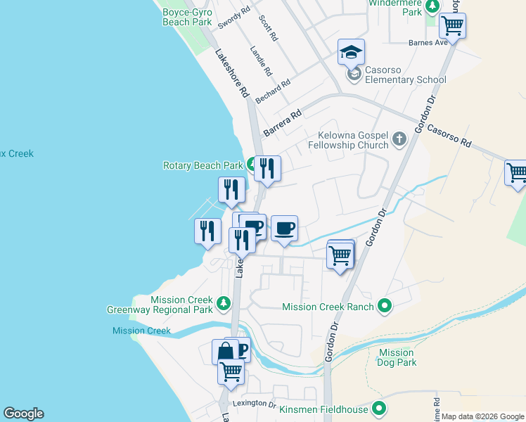 map of restaurants, bars, coffee shops, grocery stores, and more near 3795 Lakeshore Road in Kelowna