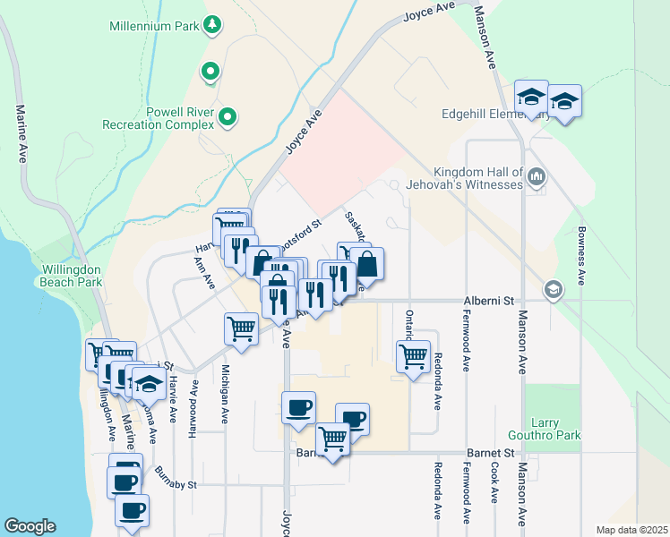 map of restaurants, bars, coffee shops, grocery stores, and more near 7050 Adams Street in Powell River