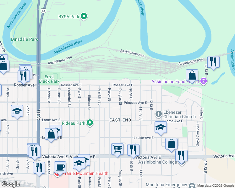 map of restaurants, bars, coffee shops, grocery stores, and more near 136 Douglas Street in Brandon