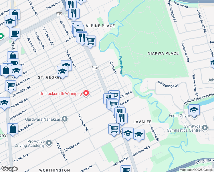map of restaurants, bars, coffee shops, grocery stores, and more near 385 Saint Anne's Road in Winnipeg
