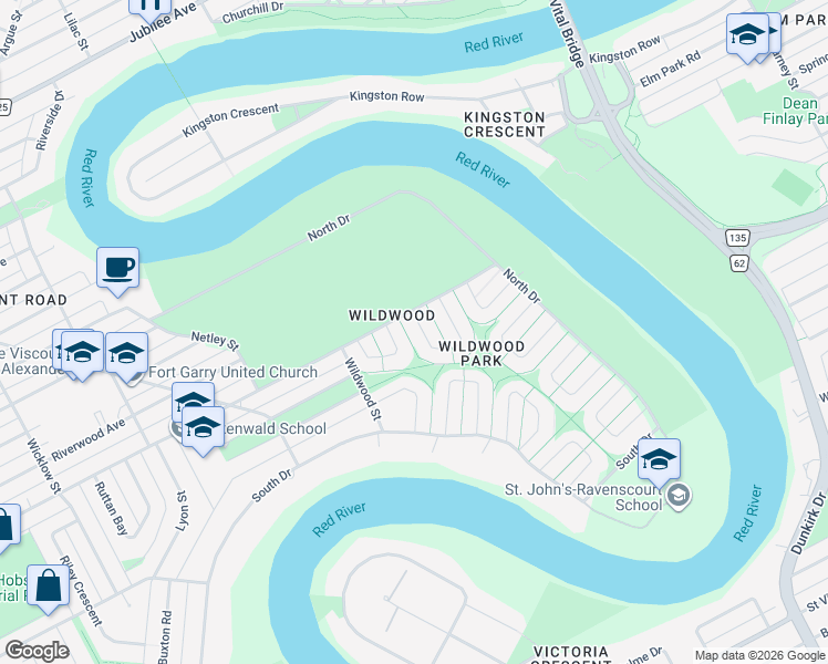map of restaurants, bars, coffee shops, grocery stores, and more near 52 Wildwood East Park in Winnipeg