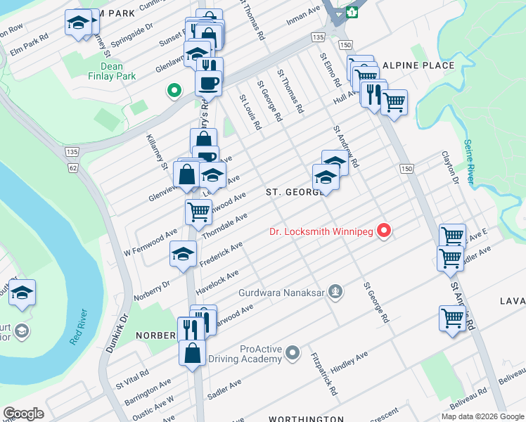 map of restaurants, bars, coffee shops, grocery stores, and more near 74 Thorndale Avenue in Winnipeg