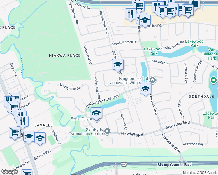 map of restaurants, bars, coffee shops, grocery stores, and more near 50 Gleneagles Road in Winnipeg