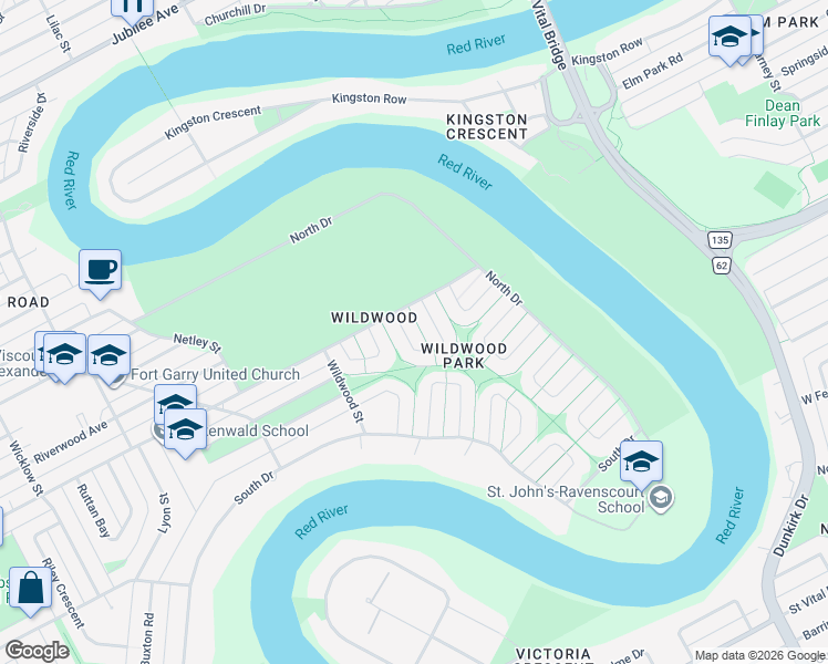 map of restaurants, bars, coffee shops, grocery stores, and more near 52 Wildwood Park East in Winnipeg