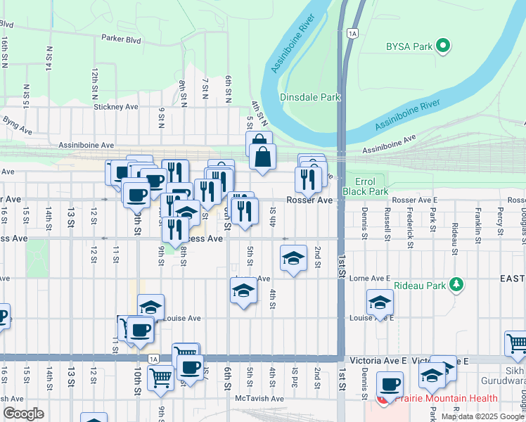 map of restaurants, bars, coffee shops, grocery stores, and more near 116 4 Street in Brandon
