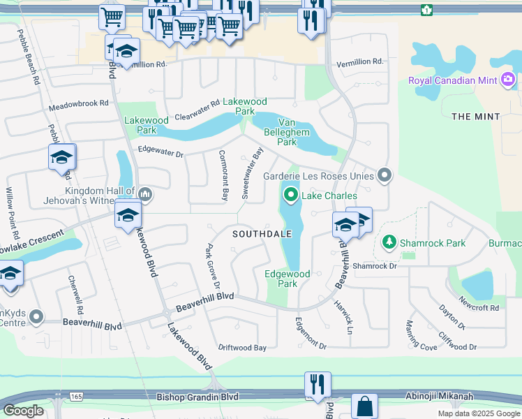 map of restaurants, bars, coffee shops, grocery stores, and more near 84 Sweetwater Bay in Winnipeg