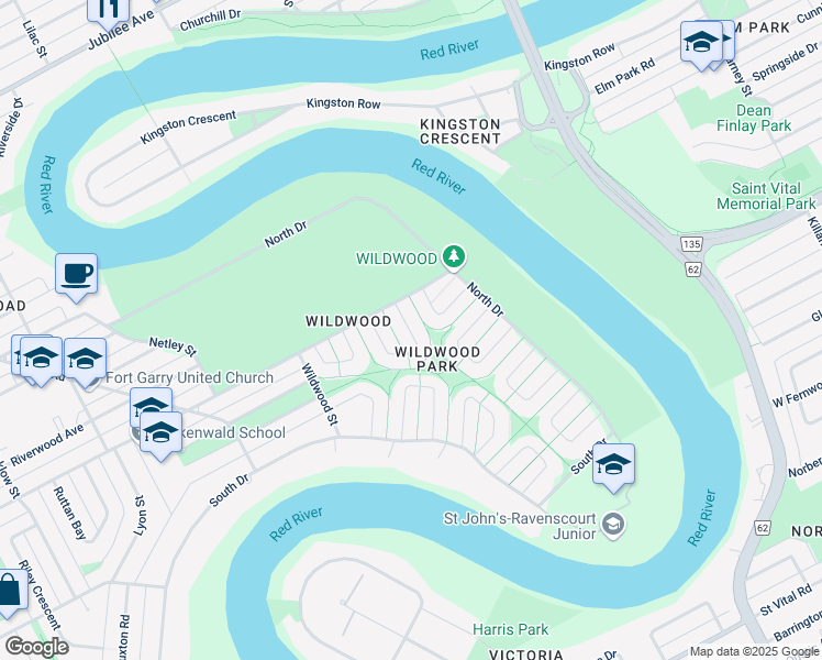 map of restaurants, bars, coffee shops, grocery stores, and more near 84 Wildwood Park East in Winnipeg