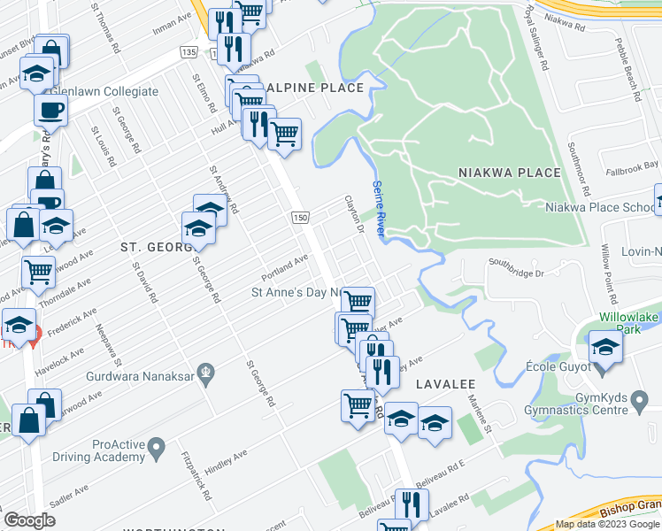 map of restaurants, bars, coffee shops, grocery stores, and more near 385 Saint Anne's Road in Winnipeg
