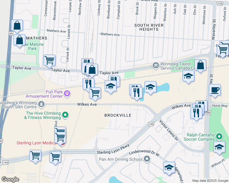 map of restaurants, bars, coffee shops, grocery stores, and more near 1055 Wilkes Avenue in Winnipeg