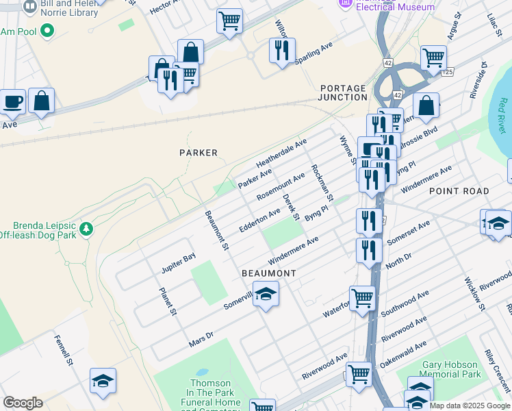 map of restaurants, bars, coffee shops, grocery stores, and more near 1234 Rosemount Avenue in Winnipeg