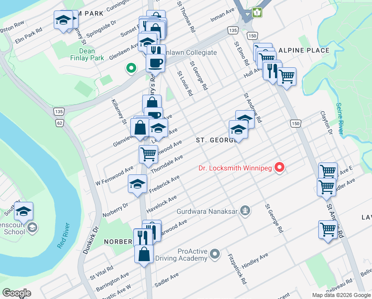 map of restaurants, bars, coffee shops, grocery stores, and more near 74 Thorndale Avenue in Winnipeg