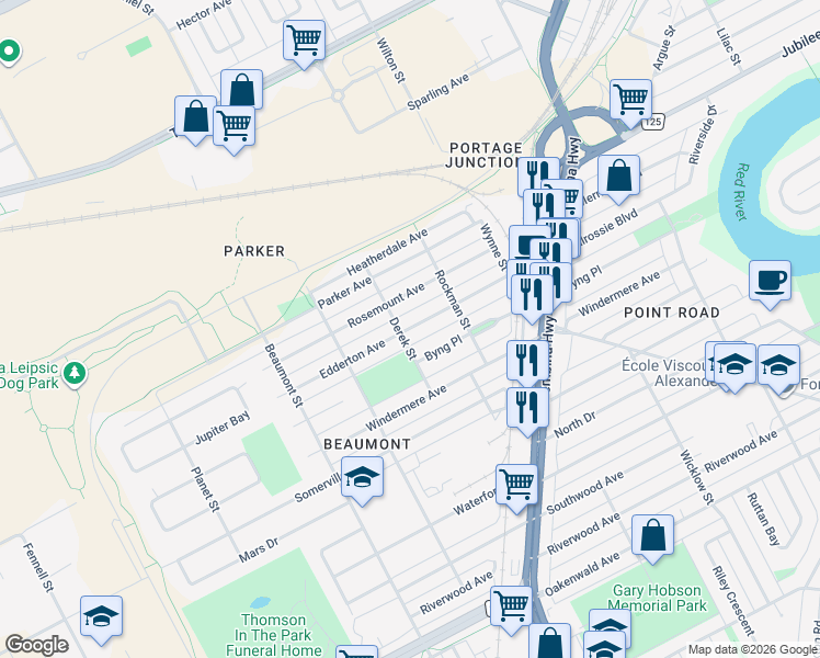 map of restaurants, bars, coffee shops, grocery stores, and more near 1132 Edderton Avenue in Winnipeg