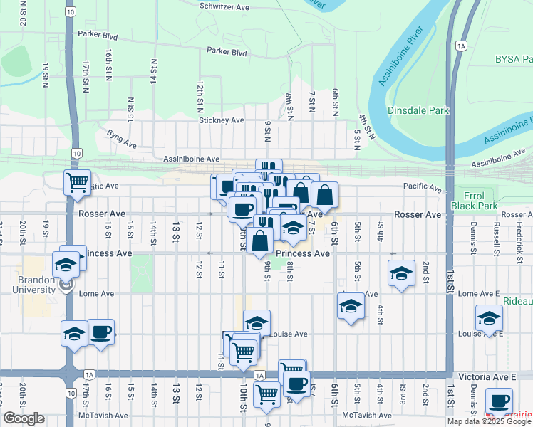 map of restaurants, bars, coffee shops, grocery stores, and more near 800 Rosser Avenue in Brandon