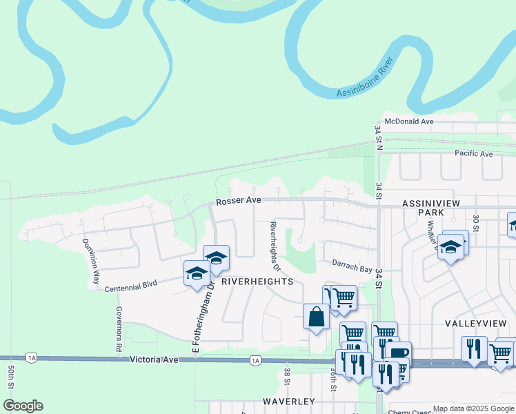 map of restaurants, bars, coffee shops, grocery stores, and more near 73 Canada Crescent in Brandon