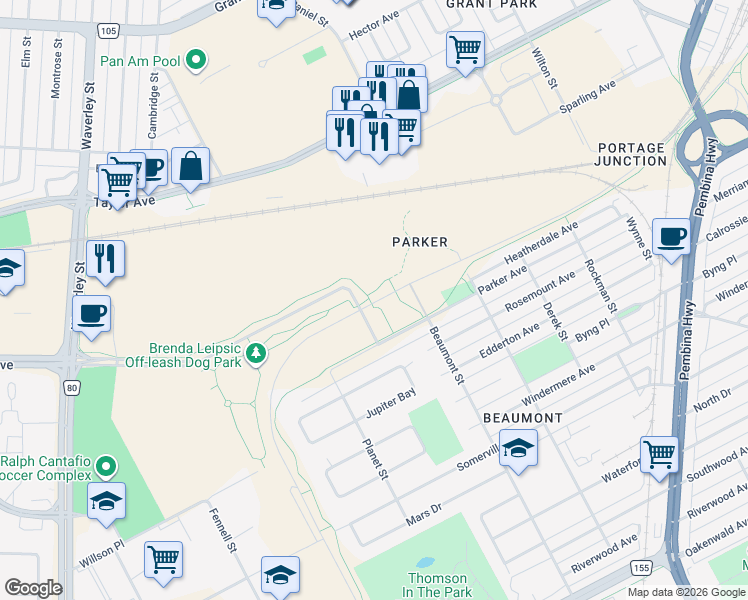 map of restaurants, bars, coffee shops, grocery stores, and more near 45 Hurst Way in Winnipeg