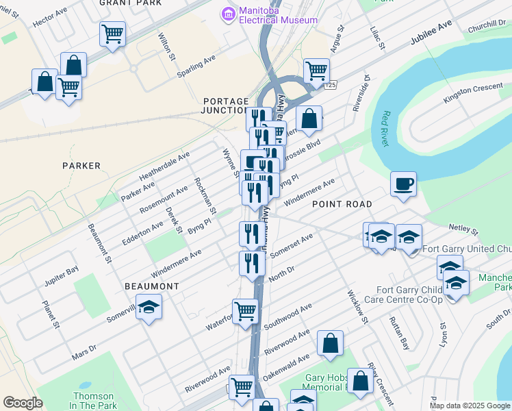 map of restaurants, bars, coffee shops, grocery stores, and more near 1103 Pembina Highway in Winnipeg