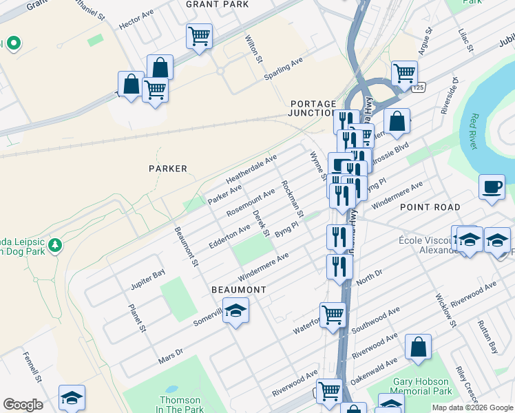map of restaurants, bars, coffee shops, grocery stores, and more near 1132 Edderton Avenue in Winnipeg