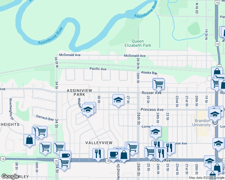 map of restaurants, bars, coffee shops, grocery stores, and more near 2831 Rosser Avenue in Brandon