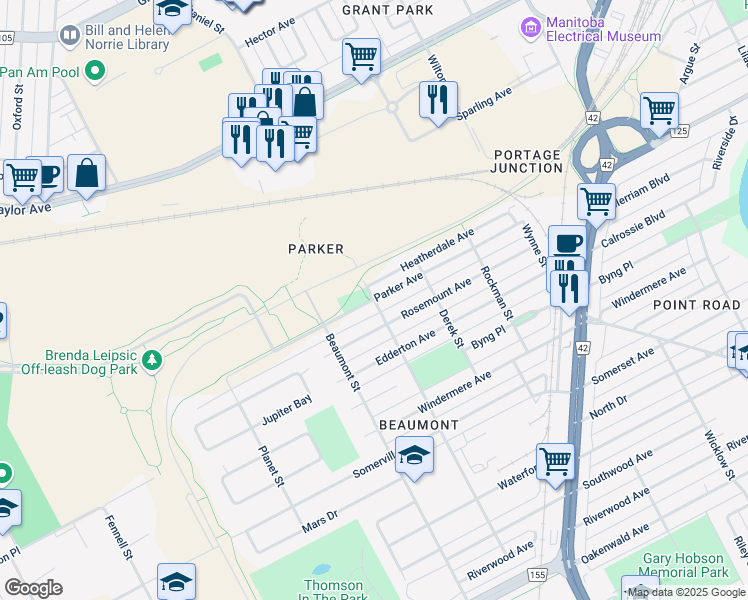 map of restaurants, bars, coffee shops, grocery stores, and more near Parker Avenue in Winnipeg