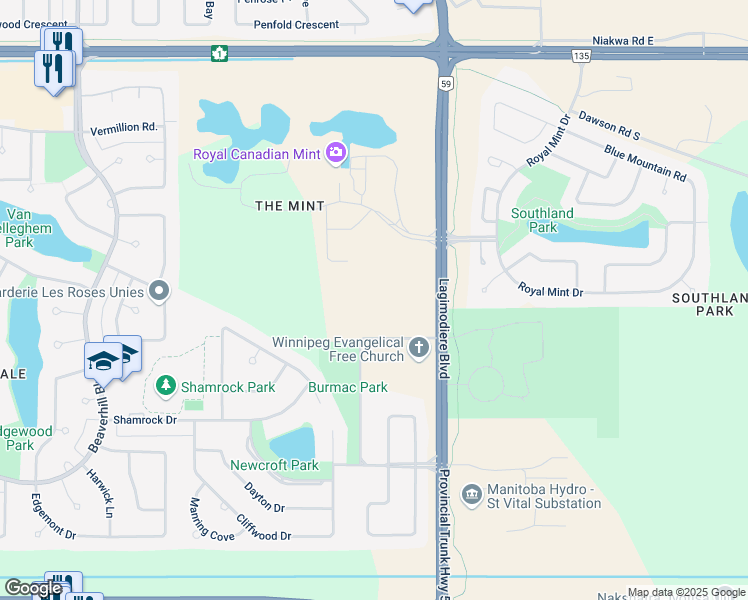 map of restaurants, bars, coffee shops, grocery stores, and more near 51 Burmac Road in Winnipeg