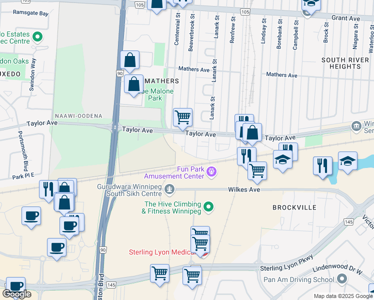 map of restaurants, bars, coffee shops, grocery stores, and more near 1760 Taylor Avenue in Winnipeg