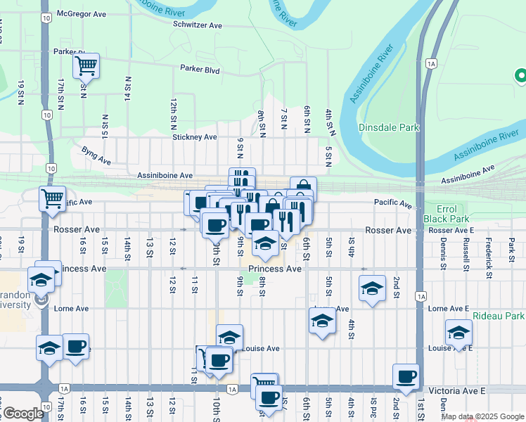 map of restaurants, bars, coffee shops, grocery stores, and more near Brandon Transit Downtown Terminal in Brandon