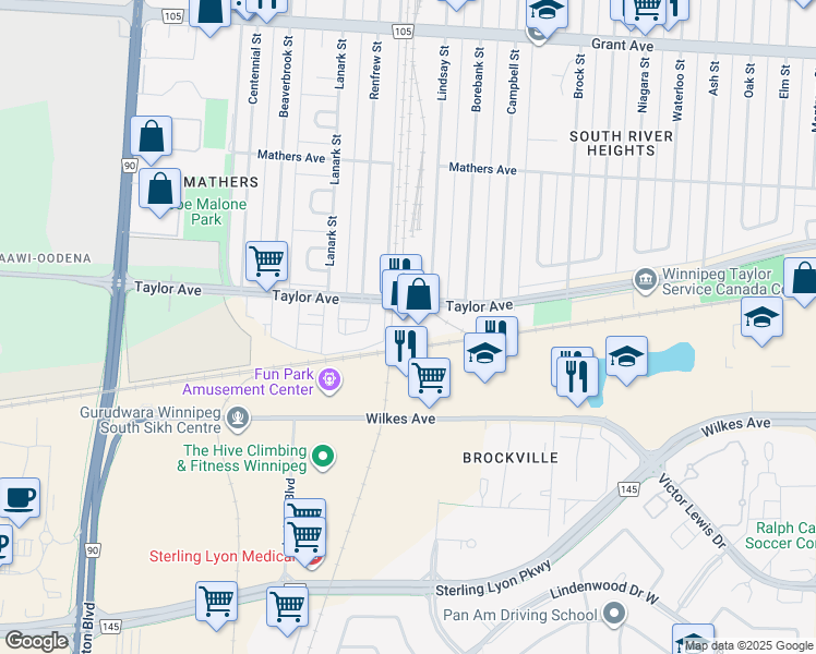 map of restaurants, bars, coffee shops, grocery stores, and more near in Winnipeg