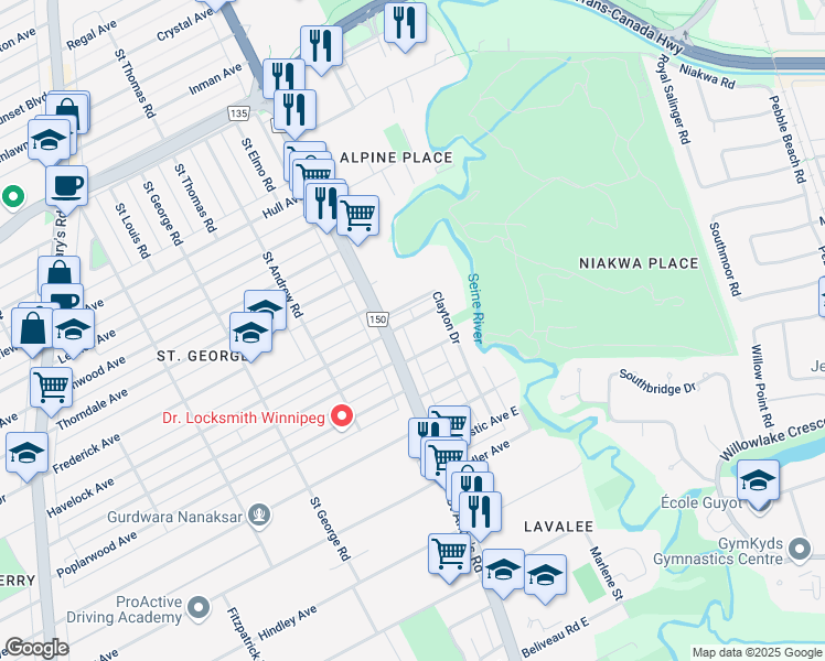 map of restaurants, bars, coffee shops, grocery stores, and more near 14 Bonita Avenue in Winnipeg