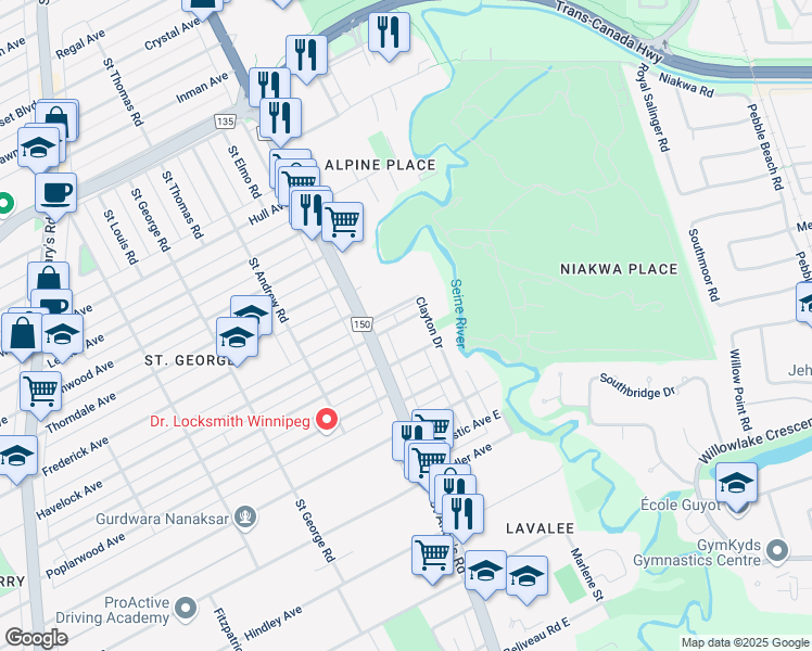 map of restaurants, bars, coffee shops, grocery stores, and more near 20 Bonita Avenue in Winnipeg