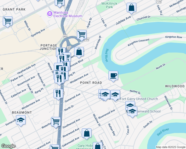 map of restaurants, bars, coffee shops, grocery stores, and more near 61 Riverside Drive in Winnipeg