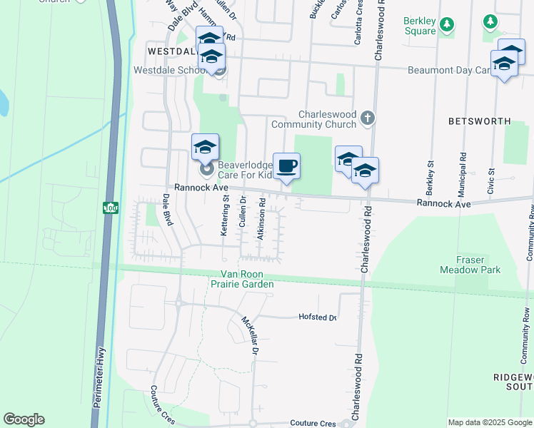 map of restaurants, bars, coffee shops, grocery stores, and more near 5 Bergman Crescent in Winnipeg