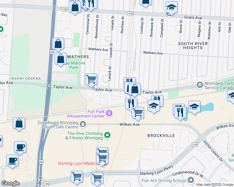 map of restaurants, bars, coffee shops, grocery stores, and more near 1600 Taylor Avenue in Winnipeg