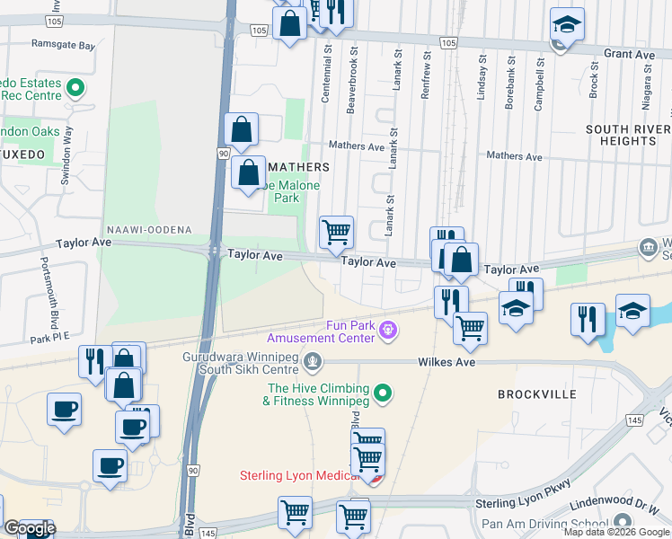 map of restaurants, bars, coffee shops, grocery stores, and more near 1770 Taylor Avenue in Winnipeg