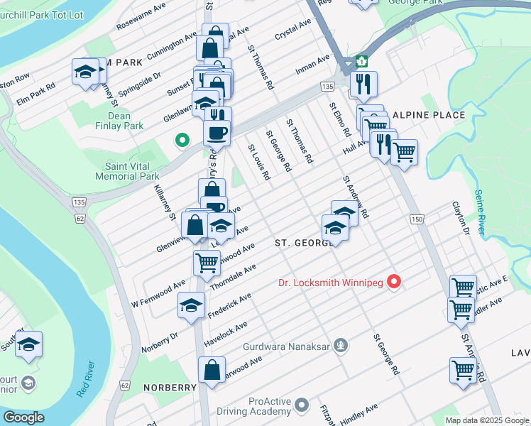 map of restaurants, bars, coffee shops, grocery stores, and more near 65 Lennox Avenue in Winnipeg