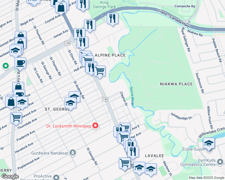 map of restaurants, bars, coffee shops, grocery stores, and more near 41 Clayton Drive in Winnipeg