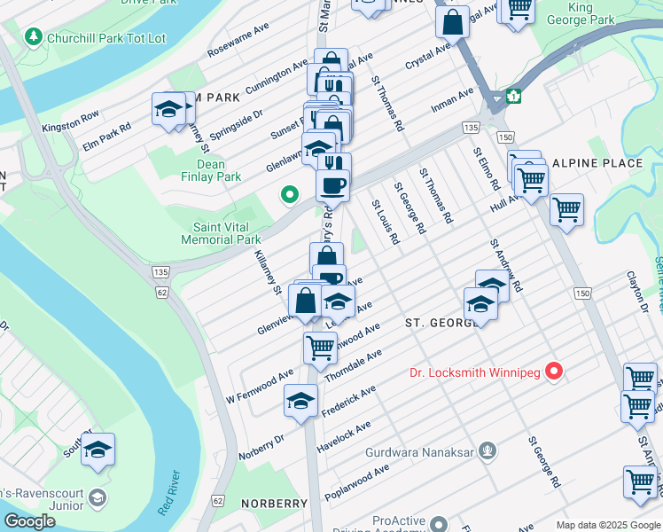 map of restaurants, bars, coffee shops, grocery stores, and more near 803 Saint Mary's Road in Winnipeg