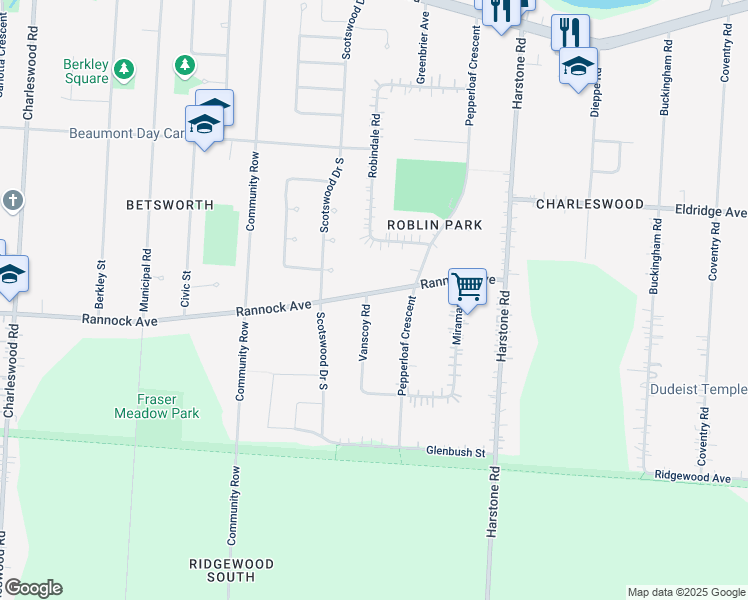 map of restaurants, bars, coffee shops, grocery stores, and more near 5344 Rannock Avenue in Winnipeg