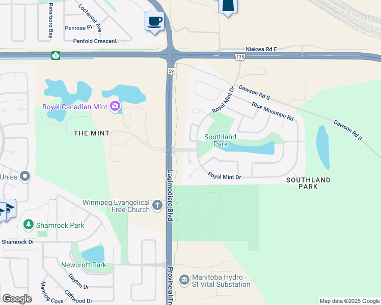 map of restaurants, bars, coffee shops, grocery stores, and more near 30 East Mint Place in Winnipeg