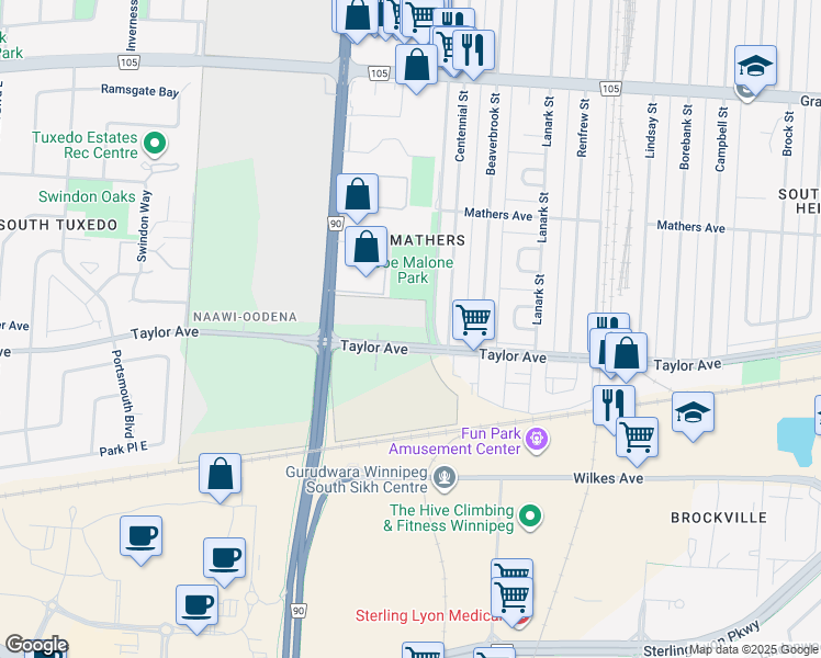 map of restaurants, bars, coffee shops, grocery stores, and more near 1760 Taylor Ave in Winnipeg