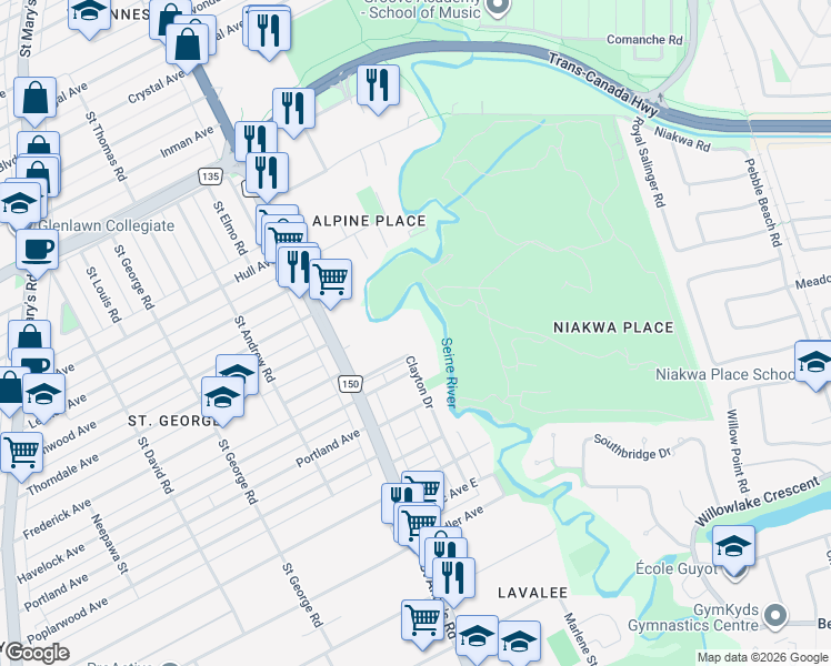 map of restaurants, bars, coffee shops, grocery stores, and more near 41 Clayton Drive in Winnipeg