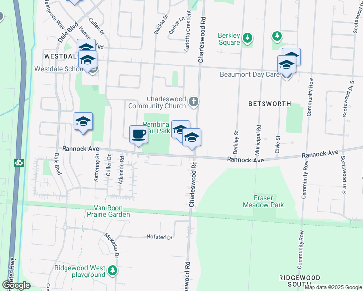 map of restaurants, bars, coffee shops, grocery stores, and more near 820 Charleswood Road in Winnipeg