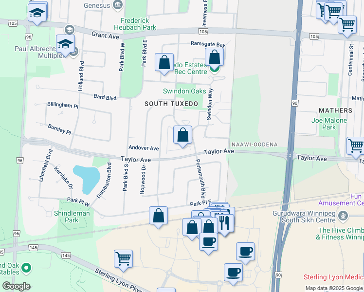 map of restaurants, bars, coffee shops, grocery stores, and more near 120 Portsmouth Boulevard in Winnipeg