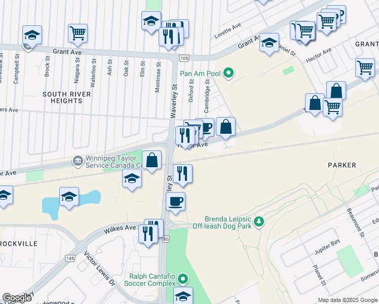 map of restaurants, bars, coffee shops, grocery stores, and more near 1360 Taylor Avenue in Winnipeg