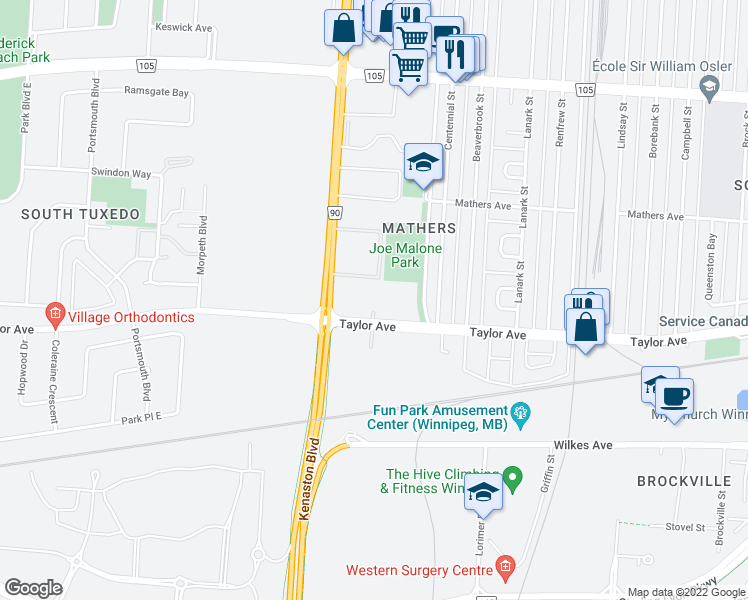 map of restaurants, bars, coffee shops, grocery stores, and more near 954 Kenaston Boulevard in Winnipeg