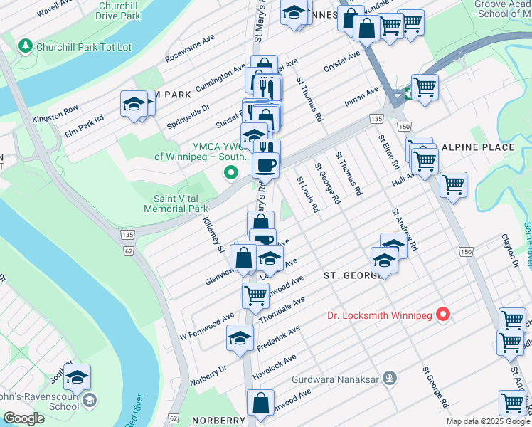 map of restaurants, bars, coffee shops, grocery stores, and more near 803 Saint Mary's Road in Winnipeg