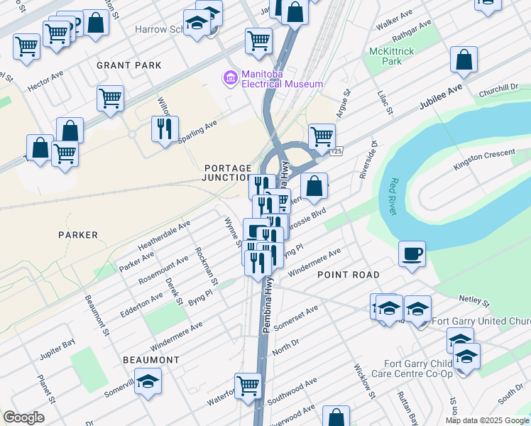 map of restaurants, bars, coffee shops, grocery stores, and more near 1011 Pembina Highway in Winnipeg