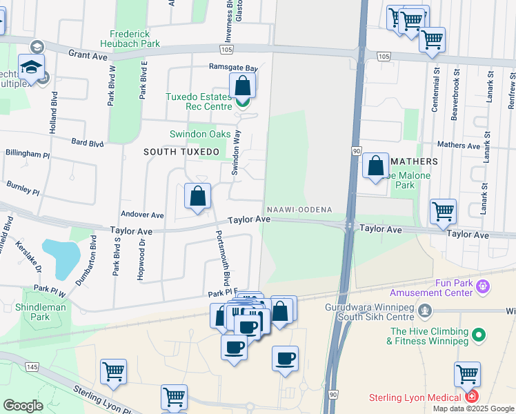 map of restaurants, bars, coffee shops, grocery stores, and more near 123 Swindon Way in Winnipeg