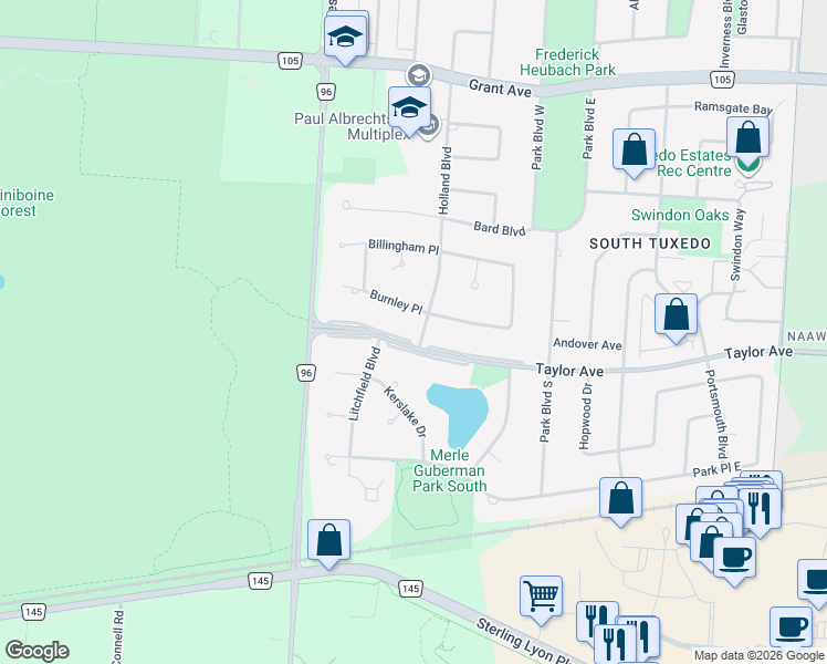 map of restaurants, bars, coffee shops, grocery stores, and more near 2221 West Taylor Boulevard in Winnipeg